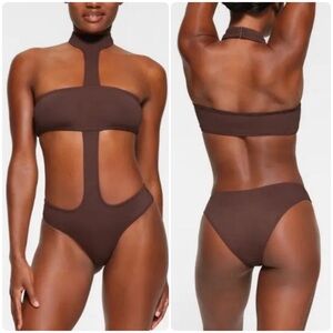 NEW SKIMS Swim Cut Out Halter Monokini One Piece Swimsuit Shapewear in Cocoa 3X